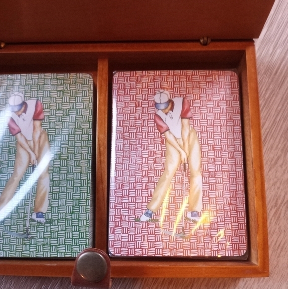 Sold Vintage Wood Storage Box Engraved with Golf/Matching Playing Card Set of 2 - Picture 8 of 14